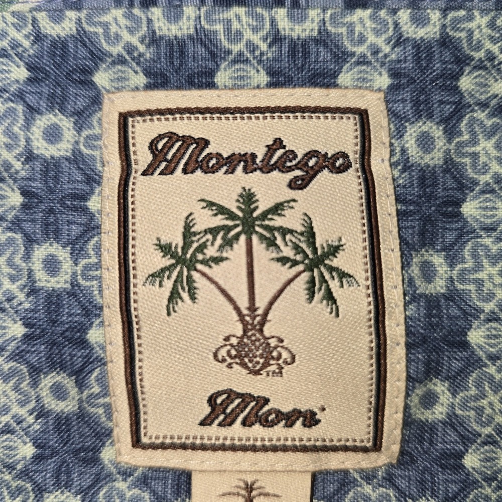 Montego Mon Hawaiian Shirt XL Blue 100% Silk Tropical Monstera Palm Camp Top EUC - Picture 9 of 9